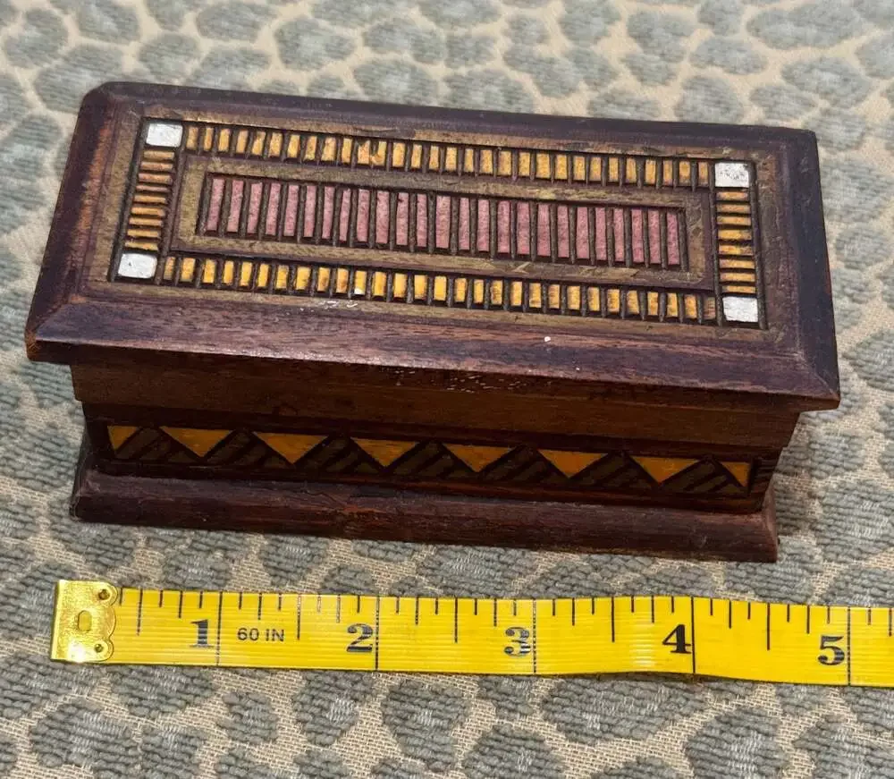 VTG Hand-Inlaid Marquetry Wood Trinket Jewelry Box w/Geometric Mosaic Patterns